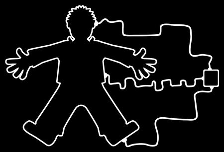Body outline connected to unknown device, white lines on black, vector illustration, horizontalのイラスト素材