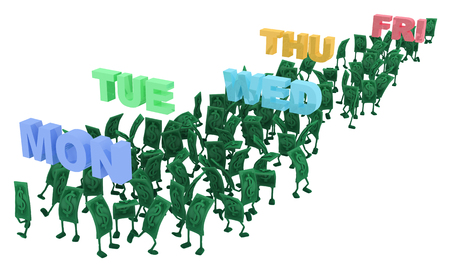 Dollar money symbol cartoon characters weekdays signs, 3d illustration, horizontal, isolated, over whiteの写真素材