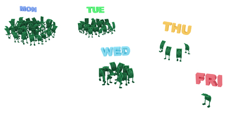 Dollar money symbol cartoon characters weekdays savings, 3d illustration, horizontal, isolated, over...