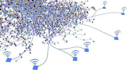Crowd of small symbolic 3d figures linked by lines, complex layered system wireless edge, over white, horizontalの写真素材