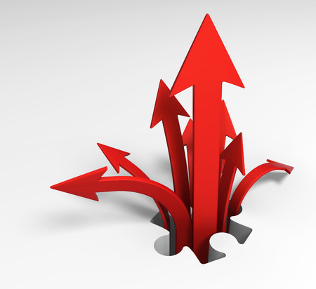 Jigsaw puzzle piece white hole drop red arrows rise, 3d illustration, horizontalの写真素材