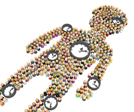 Crowd of small symbolic figures forming big person shape with timers, 3d illustration, horizontal,...