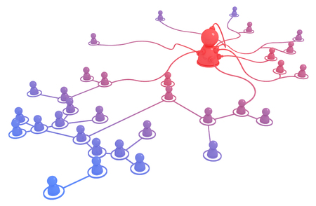 Circles people hub linked by lines connection system red and blue, over white, isolated, horizontal 3d illustrationの写真素材