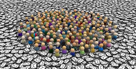 Crowd of small symbolic figures, mail sea metaphor, 3d illustration horizontalの写真素材