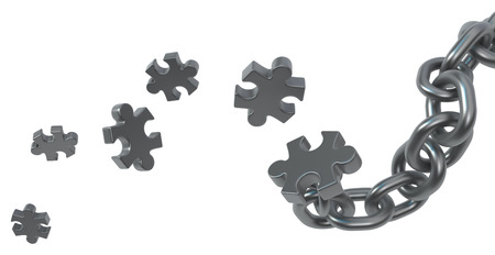 Chain jigsaw puzzle bits, dark grey metal 3d illustration, isolated, horizontal, over whiteの写真素材