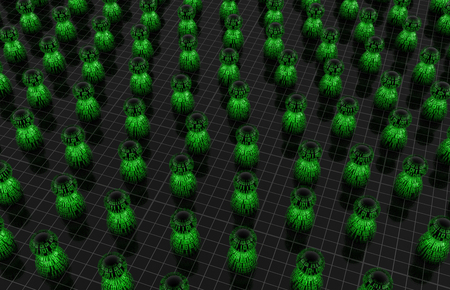 Line of small symbolic figures virtual green many, 3d illustration, horizontal backgroundの写真素材