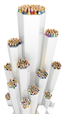 Crowd of small symbolic figures, high rise, 3d illustration, vertical, over white, isolated