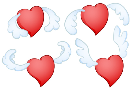 Heart flying Valentine cartoon color vector illustration design element wing movement poses, horizontal, over white, isolatedのイラスト素材