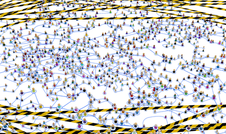 Crowd of small symbolic 3d figures linked by lines, complex layered system cordoned yellow tape between, over white, horizontalの写真素材