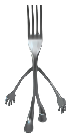Fork metal figure standing, 3d illustration, vertical, isolated, over whiteの写真素材