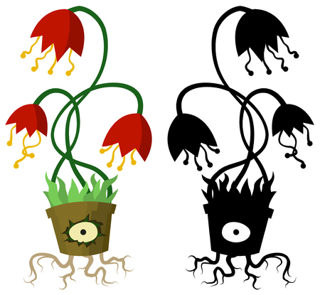 Flower pot live with eye, vector cartoon color illustration design element horizontal, over white, isolatedのイラスト素材