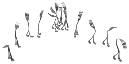 Fork metal with legs uncertain walk, 3d illustrationの写真素材