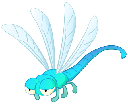 Dragonfly insect blue cartoon character color vector illustration, horizontal, over white, isolatedのイラスト素材