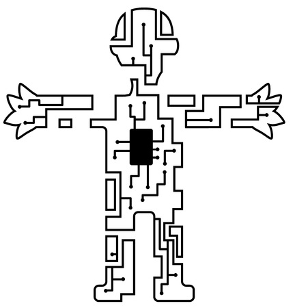 Chip electronic technology human figure cartoon line drawing, vector, horizontal, over whiteのイラスト素材