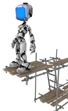 Screen robot figure character standing on scaffolding, 3d illustration, vertical, isolatedの写真素材