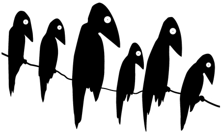 Birds six crows perched cartoon silhouettes black, vector illustration, horizontal, over white, isolatedのイラスト素材
