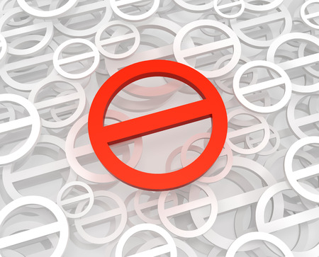 Ban symbol red unique one center, 3d illustration, horizontal, over whiteの写真素材