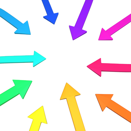 Color symbolic arrows gather, 3d illustration, horizontal, over white, isolatedの写真素材