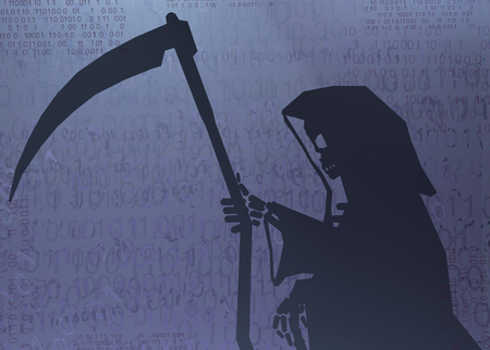 Grim reaper death shadow figure, cyberspace virtual reality abstract 3d illustration, horizontalの写真素材