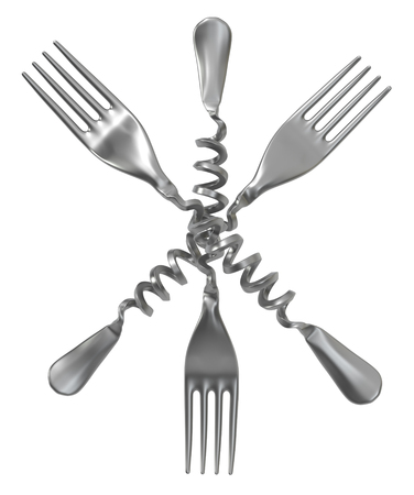 Fork metal springs three, 3d illustration, vertical, isolated, over whiteの写真素材