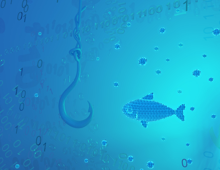 Virtual blue glowing fish swimming in code habitat, fishing hook, 3d illustration, horizontalの写真素材