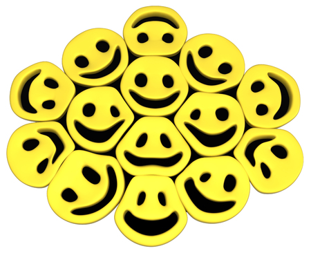 Happy face symbol objects friends, 3d illustration, horizontal, isolated, over whiteの写真素材