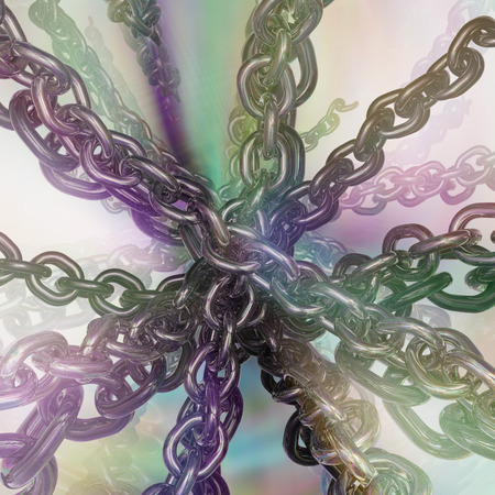 Color light abstract 3d illustration, chains crossing center reflections, horizontalの写真素材