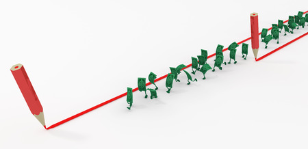 Dollar money symbol cartoon characters red guide lines drawing, 3d illustration, horizontal, isolated, over whiteの写真素材