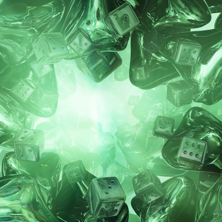 Color light abstract 3d illustration, green dice reflections, horizontalの写真素材