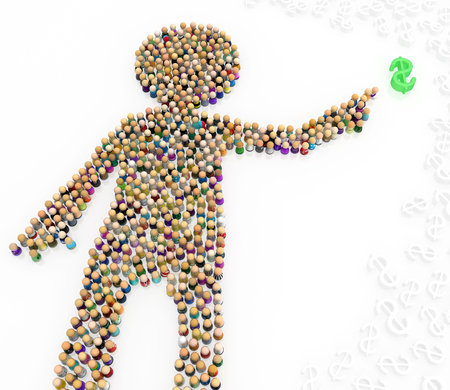 Crowd of small symbolic figures forming big person shape money touch, 3d illustration, horizontal, isolated, over whiteの写真素材