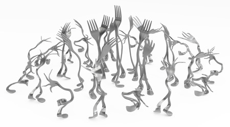 Fork metal with legs, deforming group, 3d illustration, horizontal, isolated, over whiteの写真素材