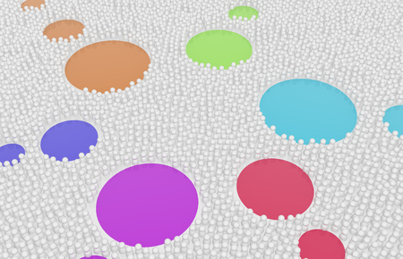 Crowd of small symbolic figures white, color circle spaces, 3d illustration, horizontal backgroundの写真素材