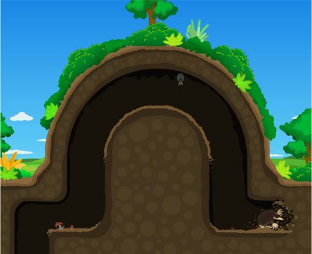 Mole digging tunnel underground curve inside hill, color vector cartoon illustration horizontalのイラスト素材