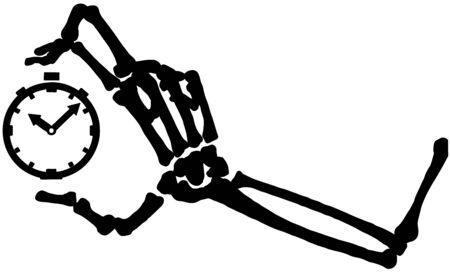 Skeleton arm bones holding clock silhouette stencil black, vector illustration, horizontal, over white, isolatedのイラスト素材