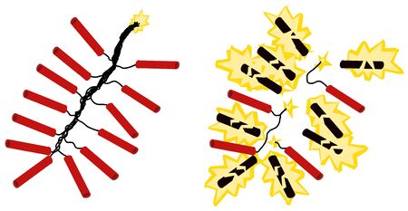 Firecrackers on string exploding, vector cartoon illustration design element horizontal, over white, isolatedのイラスト素材