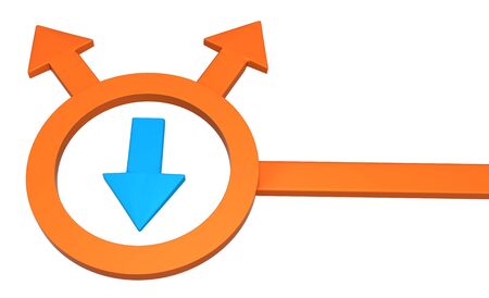 Orange symbolic arrow true pointing down, 3d illustration, horizontal, over white, isolatedの写真素材