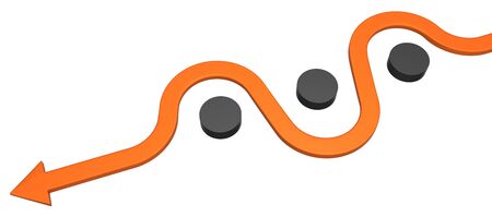 Orange symbolic arrow ellipsis, 3d illustration, horizontal, over white, isolatedの写真素材