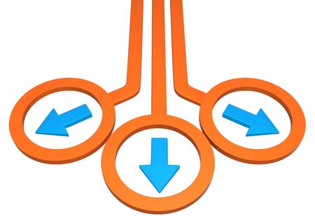 Orange symbolic arrow way circles, 3d illustration, horizontal, over white, isolatedの写真素材