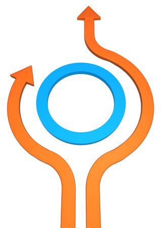 Orange symbolic arrow circle round, 3d illustration, vertical, over white, isolatedの写真素材