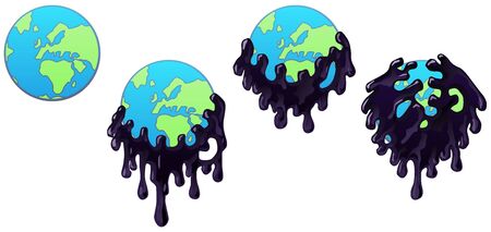 Pollution monster swallowing world globe four stages animated, vector cartoon color illustration horizontal, over white, isolatedのイラスト素材