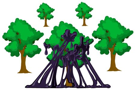 Pollution oil tree caught, vector cartoon color illustration design element horizontal, over white, isolatedのイラスト素材