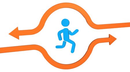 Orange symbolic arrow bypassing runner, 3d illustration, horizontal, over white, isolatedの写真素材