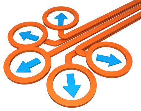 Orange symbolic arrow five way circle lines, 3d illustration, horizontal, over white, isolatedの写真素材
