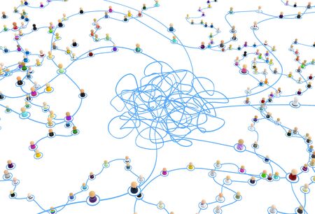 Crowd of small symbolic 3d figures linked by lines, tangle knot central, layered system network,...