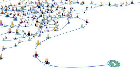 Crowd of small symbolic 3d figures linked by lines, money dollar sign spot node single, layered...