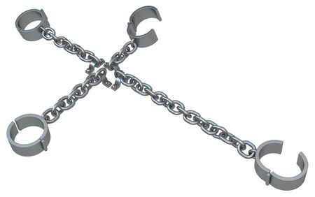 Shackles chain attached crossing grey metal 3d illustration, isolated, horizontal, over white