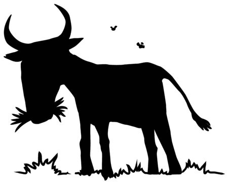 Cow grazing on pasture cartoon character black silhouette, vector illustration, horizontal, isolated, over whiteのイラスト素材