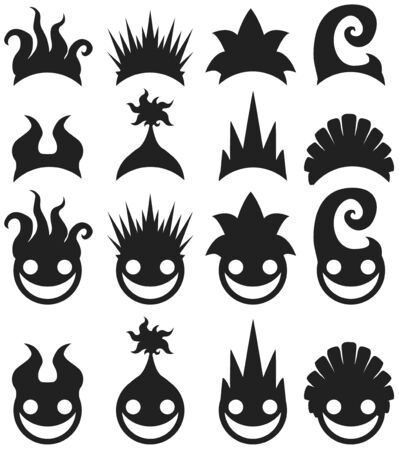 Hairstyle abstract happy face stencil icon set selection black, vector illustration, horizontal, over white, isolatedのイラスト素材