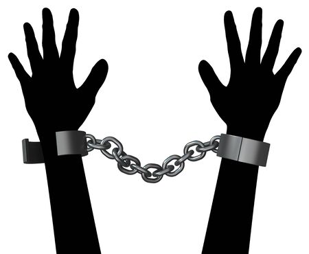 Shackles chain shadow arms arrest, 3d illustration, isolated, horizontal, over whiteの写真素材