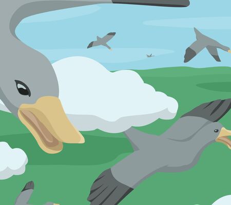 Wild geese migrating cartoon birds in flight close up, color vector illustration, horizontalのイラスト素材